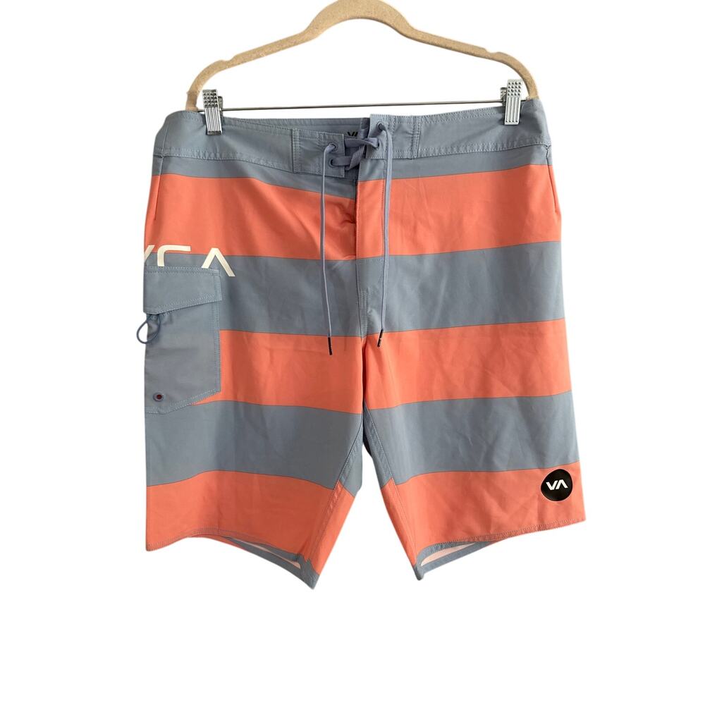 RVCA Industry Orange Gray Striped Unlined Swim Trunks Mens Size 34 Board Shorts